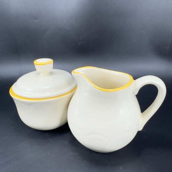 Vintage Franciscan Pottery Sugar Bowl And Creamer Set Ivory With Yellow Edges - Picture 15 of 15